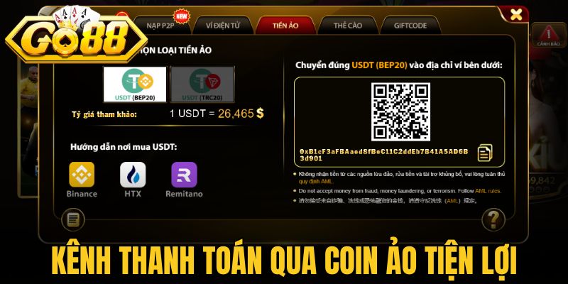 Nạp Tiền Go88 - Hướng Dẫn Nhanh Chóng Và An Toàn 2026 2 Kênh thanh toán qua coin ảo tiện lợi